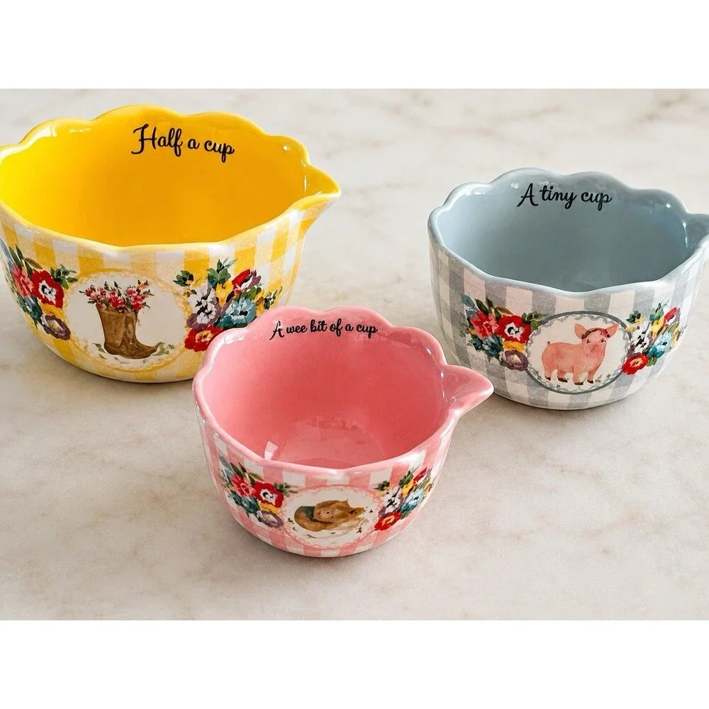 Pioneer Woman 3 Pc Nesting Measuring Bowls Cups Cowboy Pig Floral Farmhouse